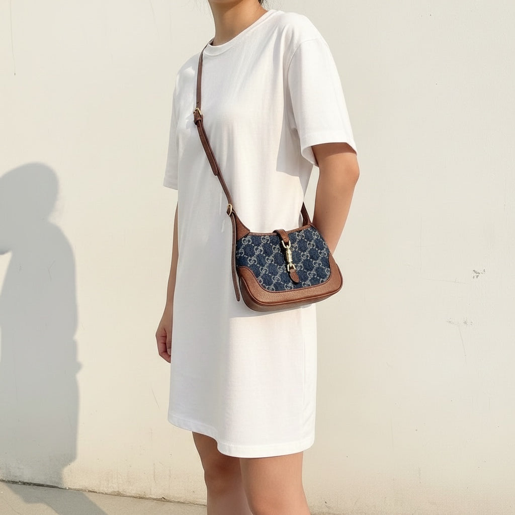 Include Entrupy Certificate of Authenticity｜Very Good ( Rank A) ｜  GUCCI Tan Monogram Denim Mini Jackie 1961 Handbag With Shoulder Strap｜S26040807