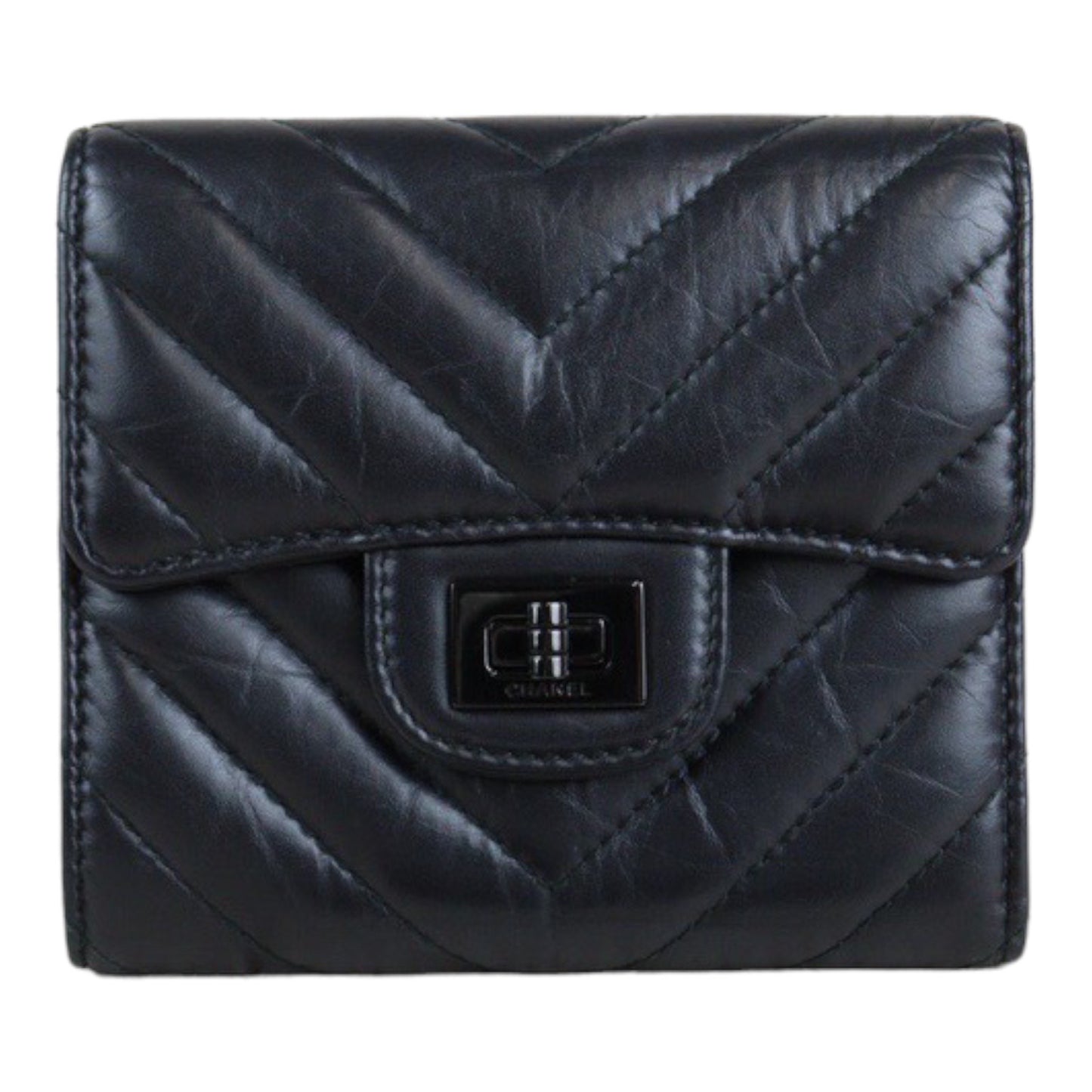 Rank A ｜Chanel 2.55 Leather Trifold Wallet Black｜V23080103