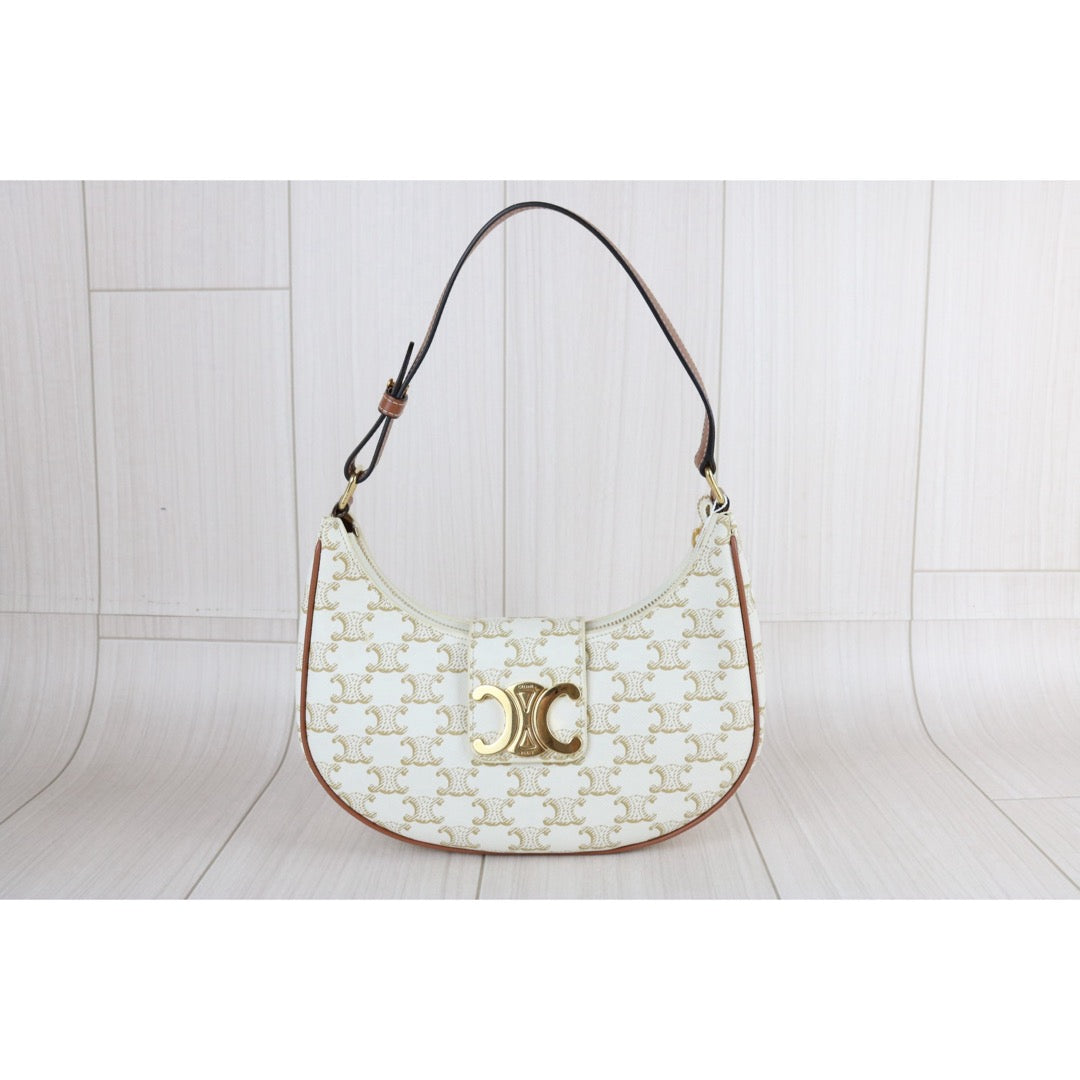 Include Entrupy Certificate of Authenticity｜Very Good ( Rank A)｜ CELINE AVA Macadam Triomphe Calf Leather Shoulder Bag White ｜S26072903