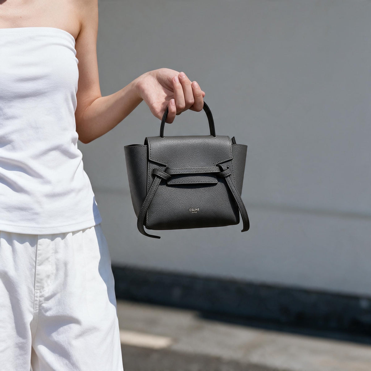 Include Entrupy Certificate of Authenticity｜Very Good ( Rank A)｜CELINE Calf Leather Belt Pico Handbag Shoulder Bag Etoupe Gray｜X26100714