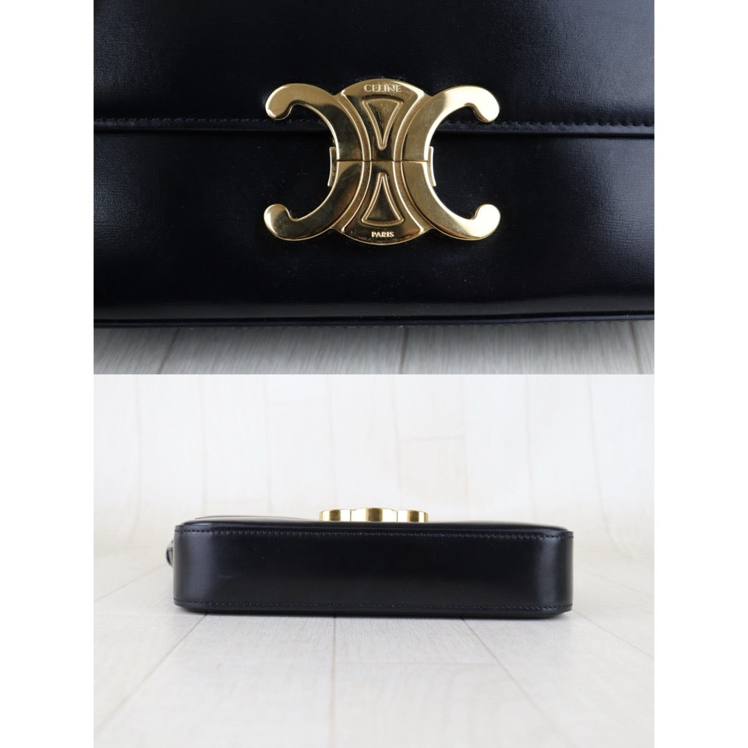 Good ( Rank AB) ｜CELINE Calf Leather Triomphe Black Shoulder Bag Golden Hardware｜S25121504
