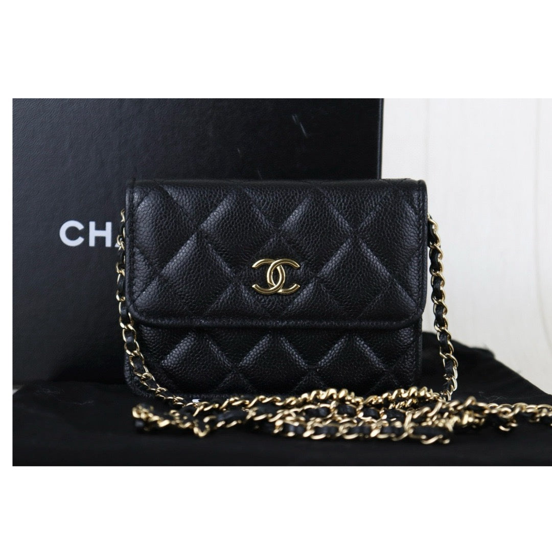 Very Good ( Rank A)｜ CHANEL Matelasse Caviar Skin Mini Chain Shoulder Bag Black Gold Hardware Made in 2021-2022Year ｜H24112101