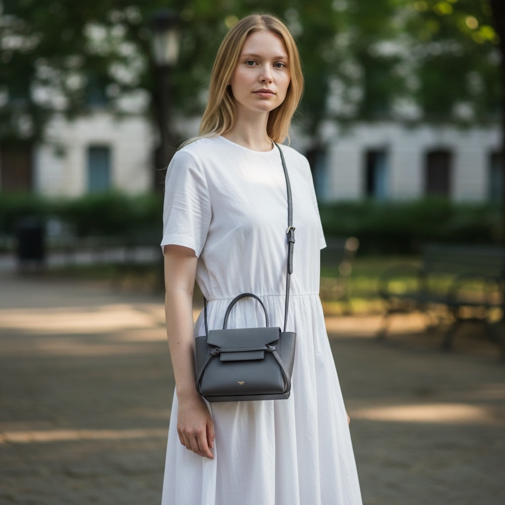 Include Entrupy Certificate of Authenticity｜Good ( Rank AB)｜CELINE Calf Leather  Belt Nano Handbag Shoulder Bag Etoupe Grey｜S26030904