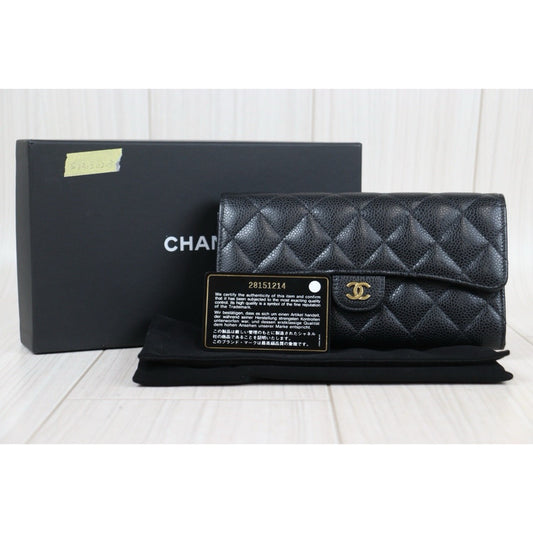 Rank A ｜CHANEL Caviar Skin Black Long Wallet Made In 2019-2020 Year｜S23120203