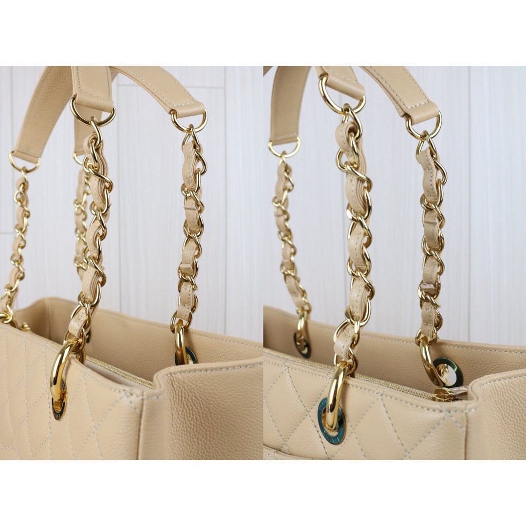 Include Entrupy Certificate of Authenticity｜Excellent( Rank SA) ｜ CHANEL Caviar Skin Matelasse Chain GST Tote Bag  Beige  Made In 2014Year｜X26100711