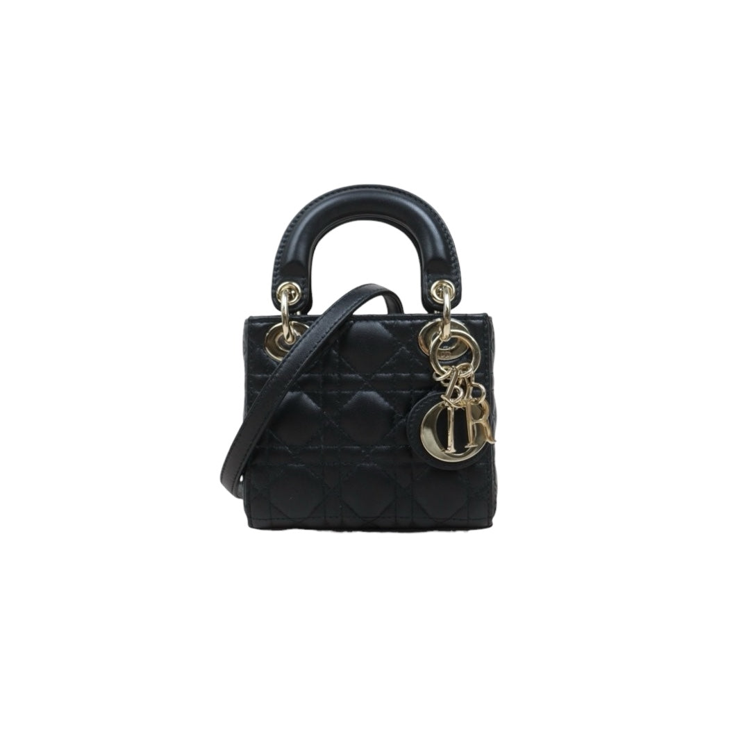 Very Good ( Rank A) ｜  Dior Mini Lady Dior Lamb Skin 2WAY Shoulder Bag Handbag Black  ｜S25110431