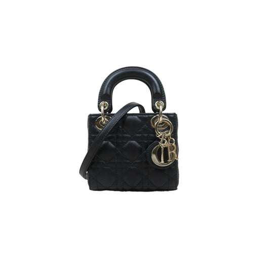 Very Good ( Rank A) ｜  Dior Mini Lady Dior Lamb Skin 2WAY Shoulder Bag Handbag Black  ｜S25110431