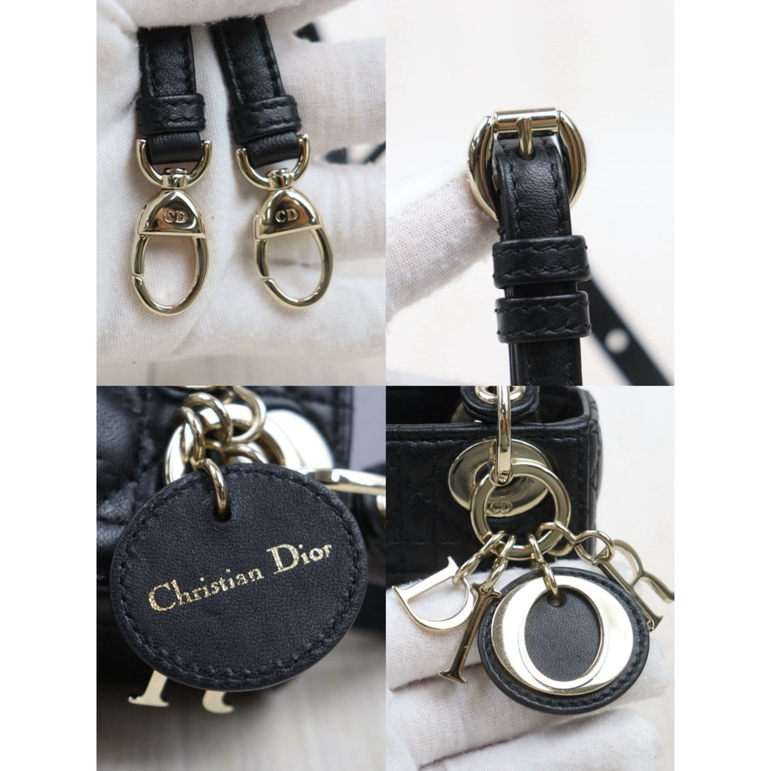 Very Good ( Rank A) ｜  Dior Mini Lady Dior Lamb Skin 2WAY Shoulder Bag Handbag Black  ｜S25110431