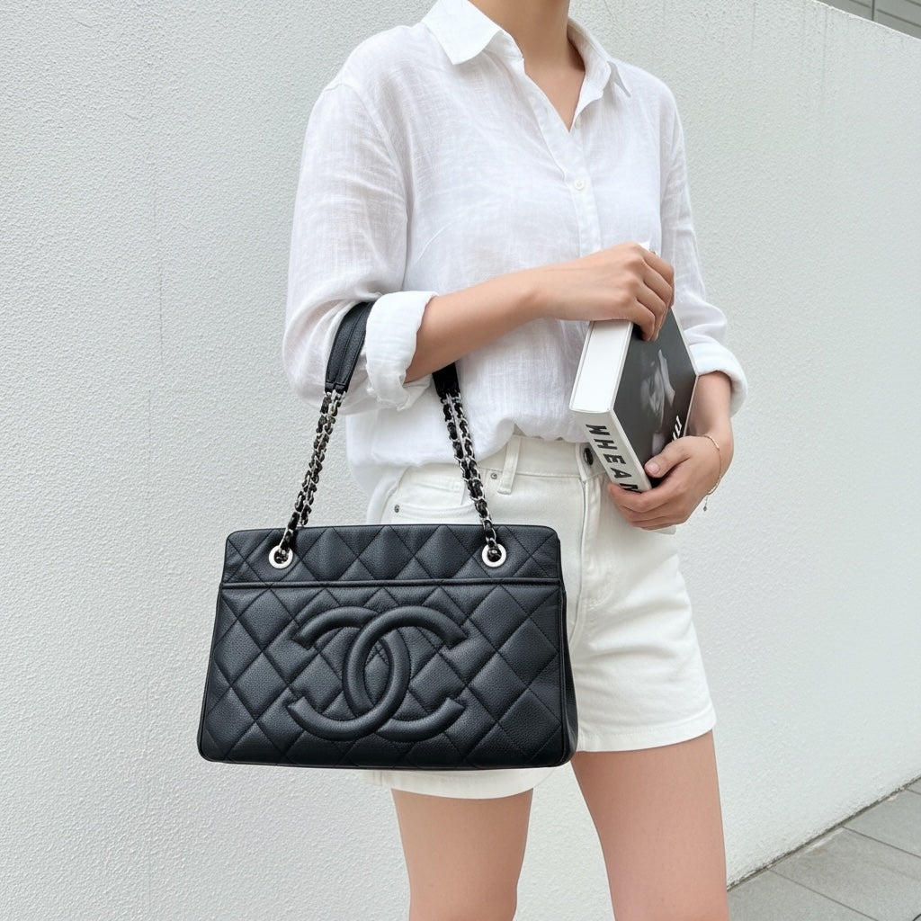 Include Entrupy Certificate of Authenticity｜Good ( Rank AB)｜ CHANEL Calf Leather  Matrasse Chain Tote Bag Black Made In 2013～2014Year｜S26060105