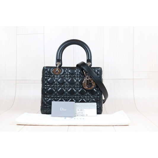 Rank A ｜  Dior Lady Dior Lamb Skin 2WAY Shoulder Bag Handbag Black  ｜S24041704