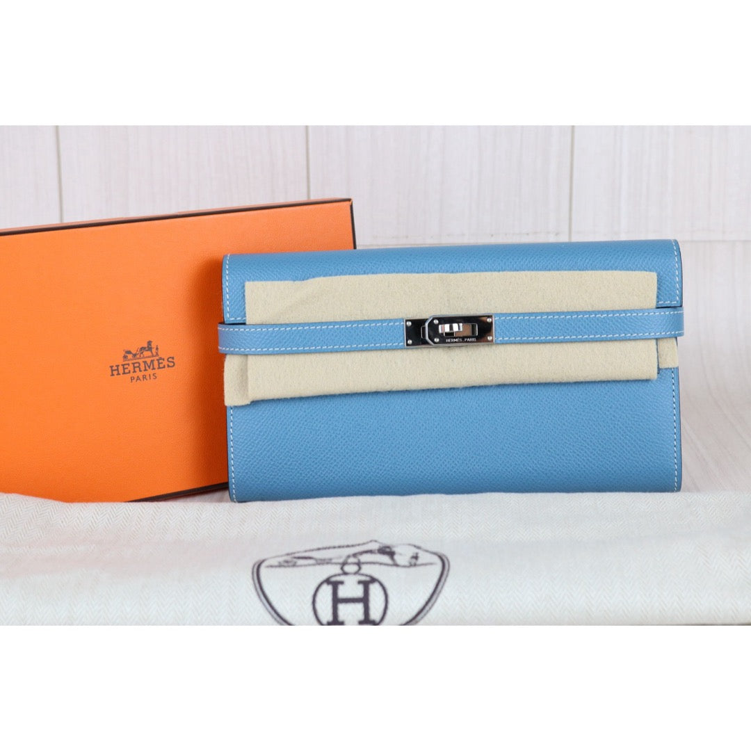 Excellent（Rank SA)｜ HERMES Epson Skin Kelly Wallet Blue Jean □Q Stamp Made In 2013Year｜X25082405