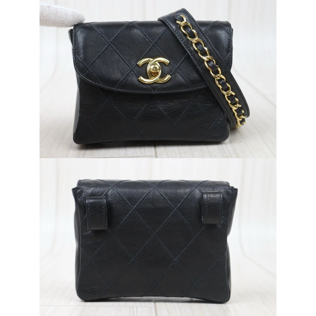 Very Good ( Rank A) ｜ CHANEL Matrasse Lamb Skin Coco Mark Waist Bag Black ｜24100702