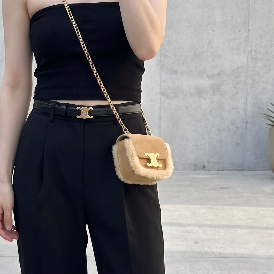 Include Entrupy Certificate of Authenticity｜Good ( Rank A) ｜CELINE Suede Shearling Triomphe Mini Chain Claude Shoulder Bag ｜S26083015