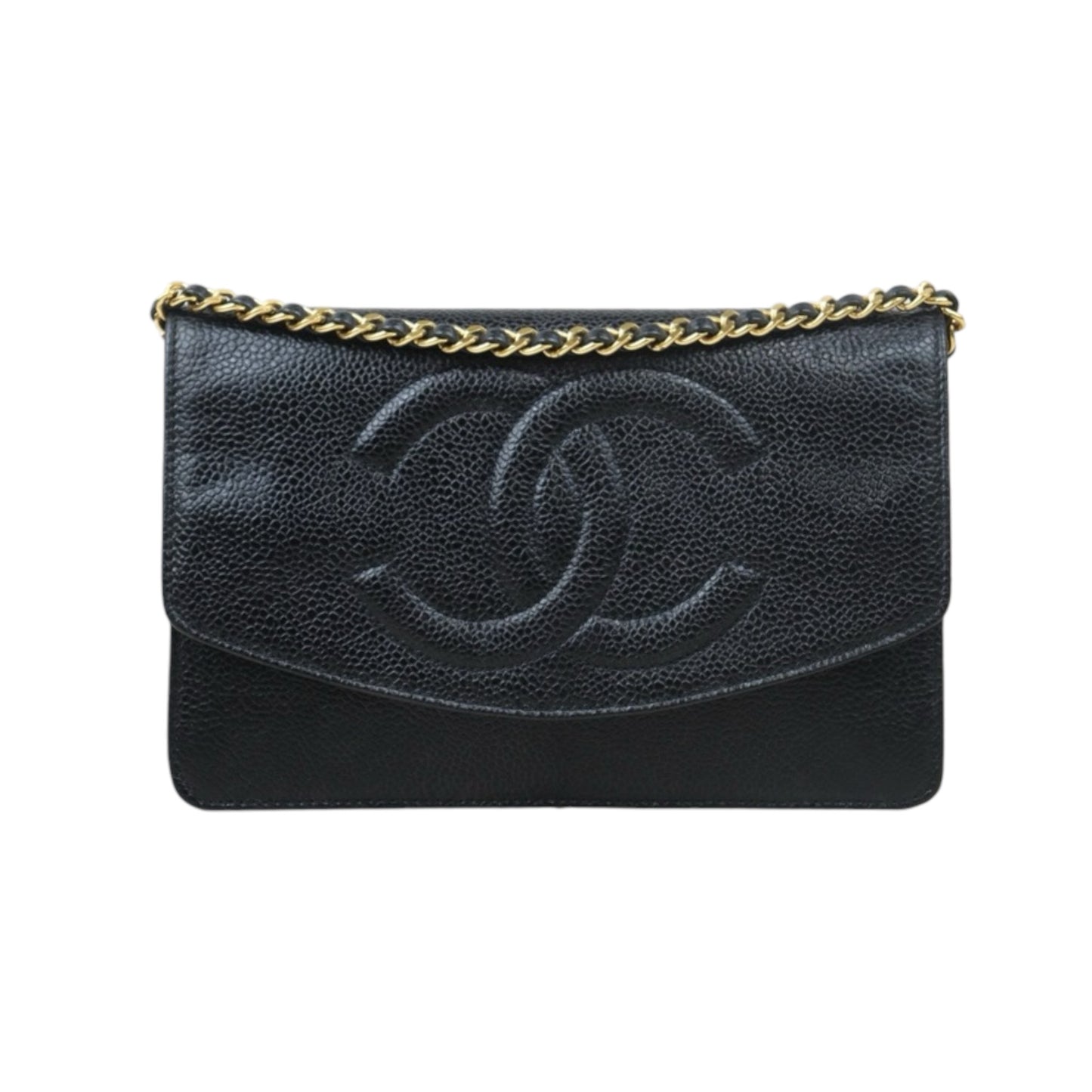 Good ( Rank AB)｜ CHANEL Caviar Skin Chain Wallet Black Gold Hardware Made in 1996-1997 Year ｜24100705