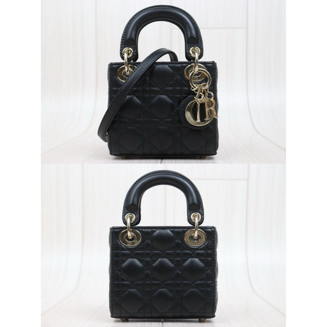Very Good ( Rank A) ｜  Dior Mini Lady Dior Lamb Skin 2WAY Shoulder Bag Handbag Black  ｜S25110431