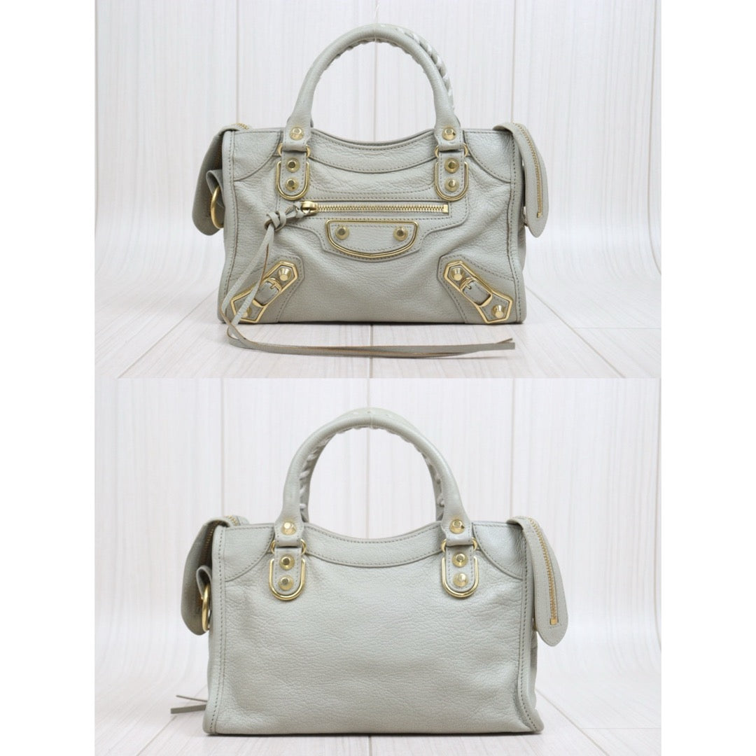 Include Entrupy Certificate of Authenticity｜Good ( Rank AB)｜Balenciaga Goatskin Edge Gaint Classic Mini City Handbag Shoulder Bag Light Gray｜S26060103