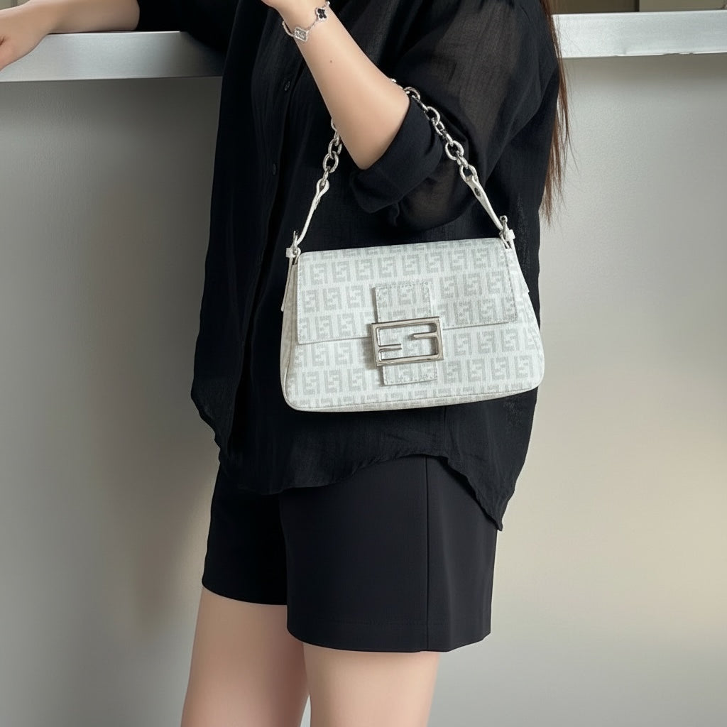 Include Entrupy Certificate of Authenticity｜Good ( Rank AB)｜ FENDI Zucca Mamma Baguette Shoulder Bag White｜S26060611