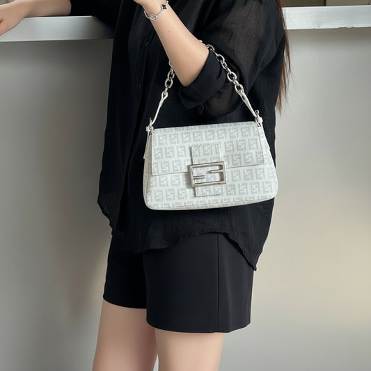 Include Entrupy Certificate of Authenticity｜Good ( Rank AB)｜ FENDI Zucca Mamma Baguette Shoulder Bag White｜S26060611