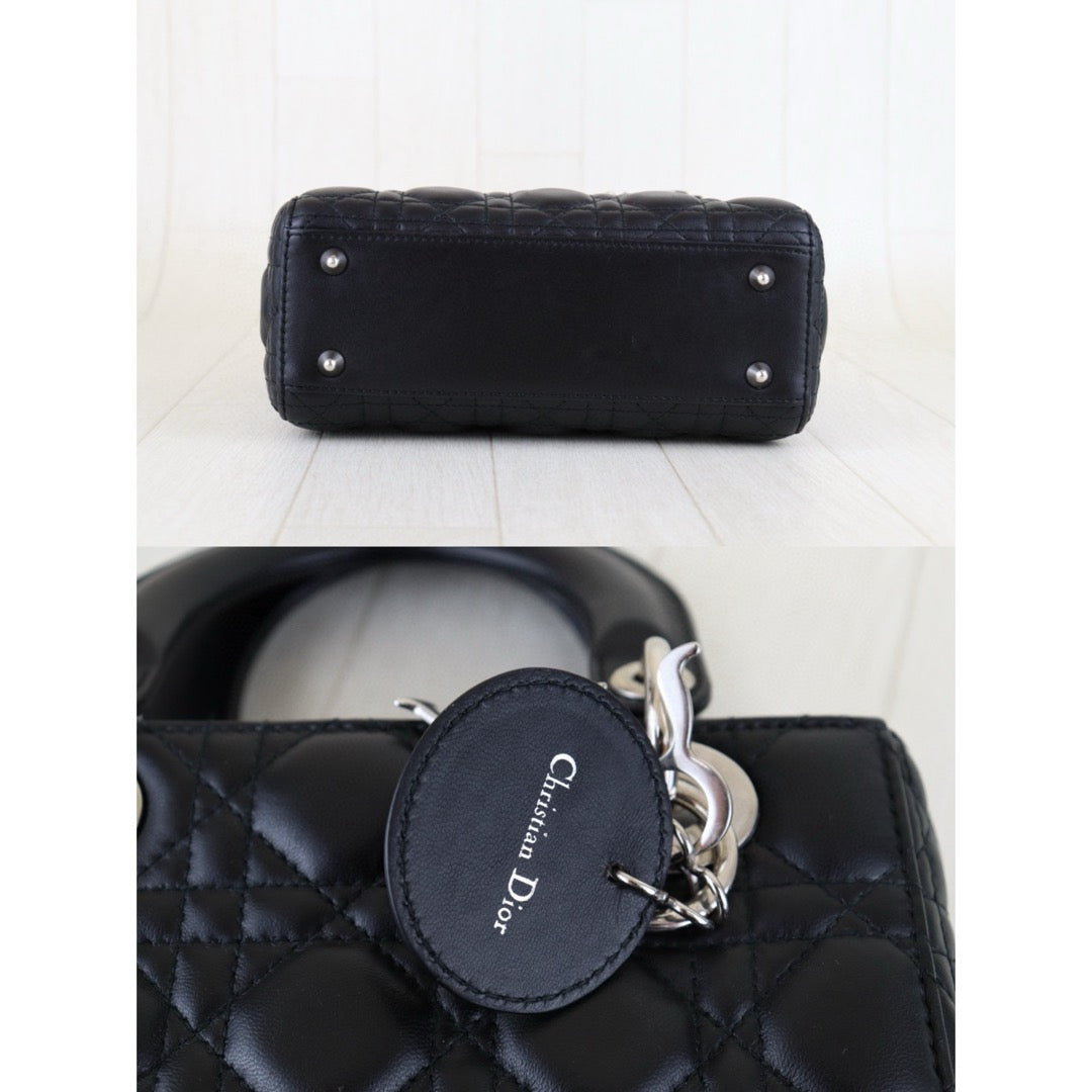 Very Good ( Rank A) ｜  Dior Lady Dior Lamb Skin 2WAY Shoulder Bag Handbag Black  ｜H25011104