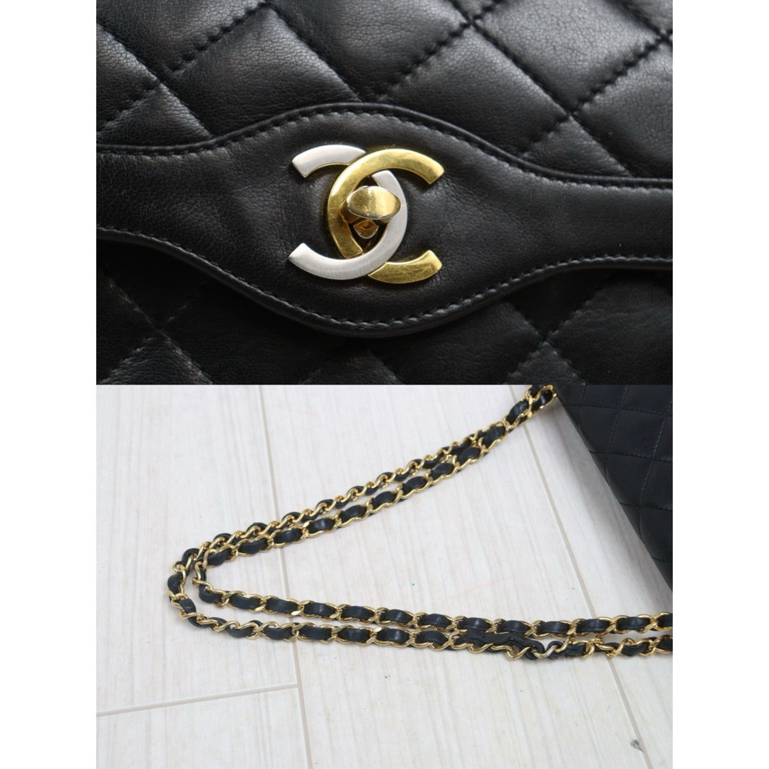 Include Entrupy Certificate of Authenticity｜Good ( Rank AB)｜CHANEL Paris Limited Edition Lambskin Black Double Flap Shoulder Bag  Made In 1991～1994Year｜S26080615