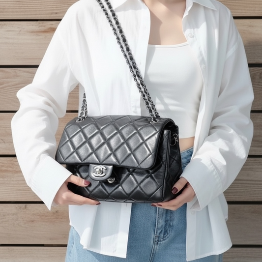 Include Entrupy Certificate of Authenticity｜Very Good ( Rank A)｜ CHANEL  Cire Leather  Chain Single Flap Shoulder Bag Black Made in 2014-2015Year｜S26030815