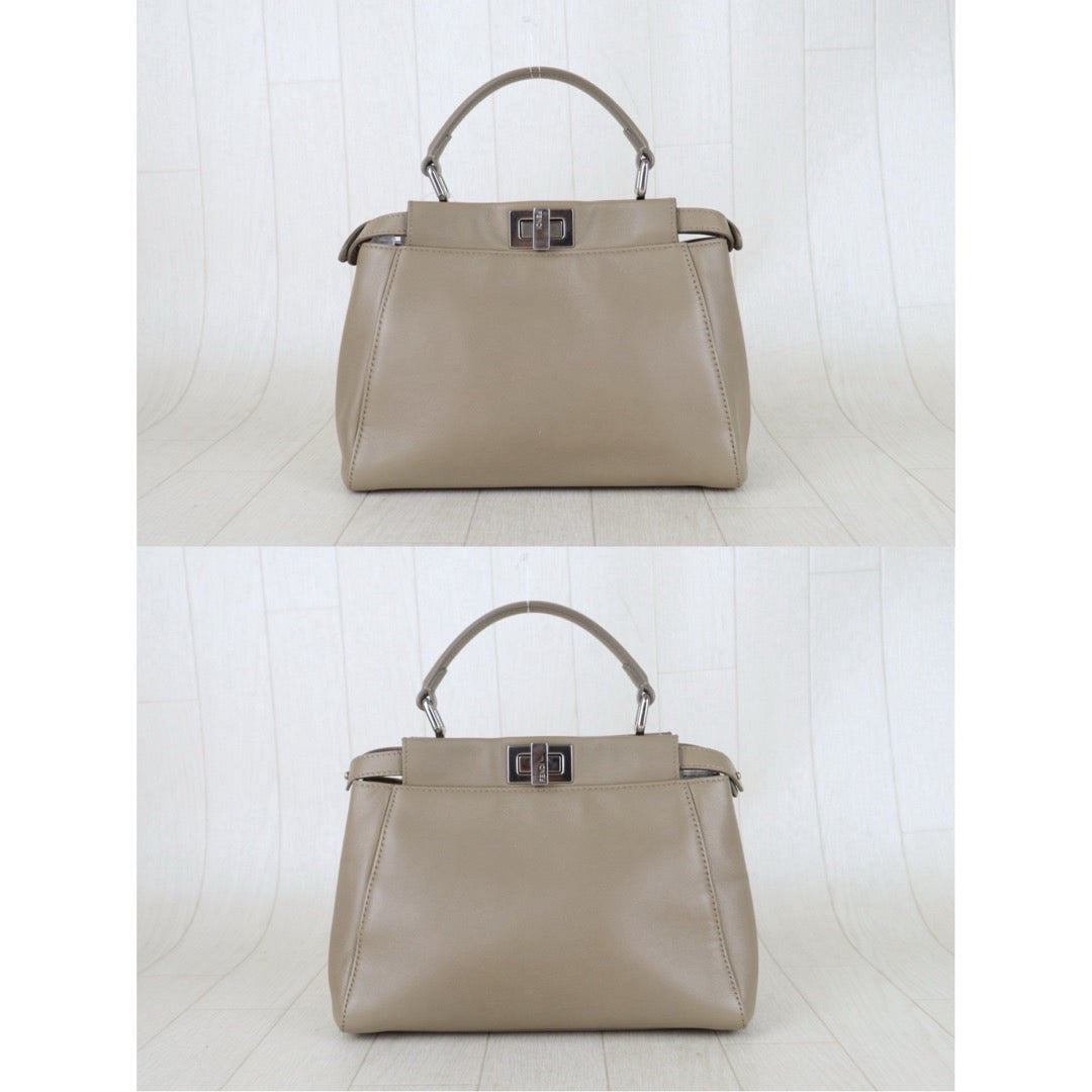 Include Entrupy Certificate of Authenticity｜Good ( Rank AB) ｜ FENDI Calf Leather Peekapoo iconic mini Handbag With Shoulder Bag Beige｜S26051513