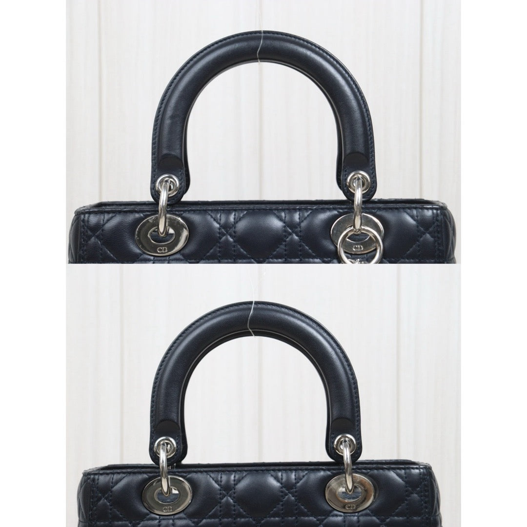 Include Entrupy Certificate of Authenticity｜Very Good ( Rank A) ｜  Dior Lady Dior Lamb Skin 2WAY Handbag Shoulder Bag Navy Blue ( Nearly Black ) ｜S26030909