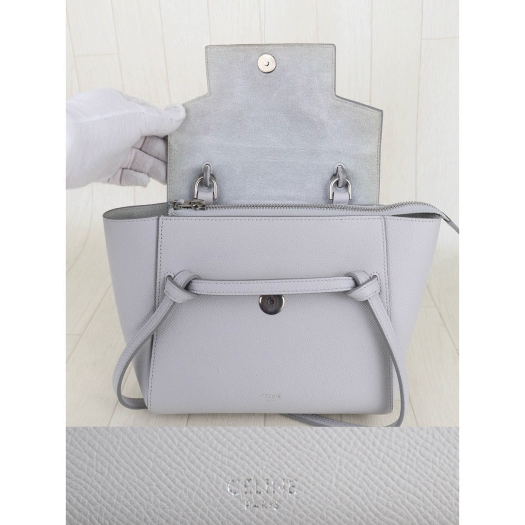 Include Entrupy Certificate of Authenticity｜Very Good ( Rank A)｜CELINE Calf Leather  Belt Nano Handbag Shoulder Bag Light Gray｜S26010901