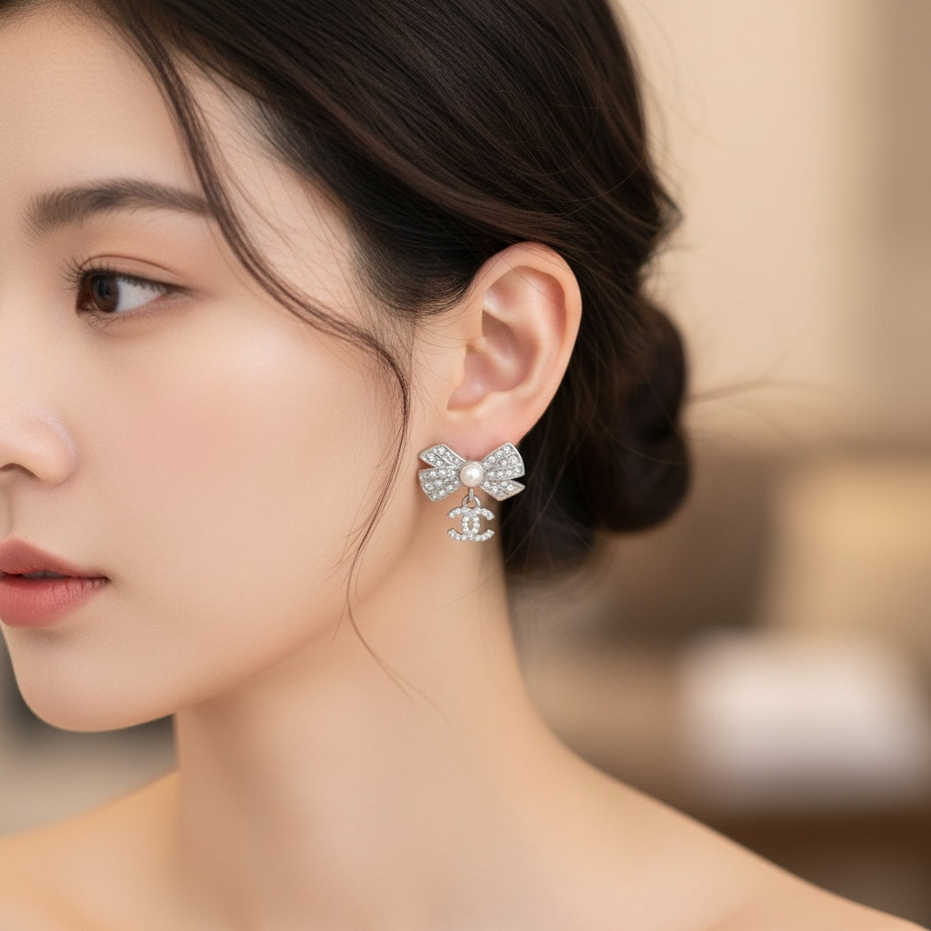 Include Authentic Detective Certificate of Authenticity｜Excellent（Rank SA）｜ CHANEL A22P Coco Mark Rhinestone Rosette Silver Earrings Made In 2022Year｜S26031009