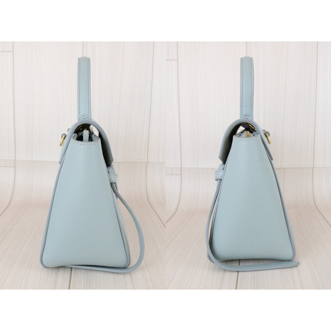 Good ( Rank AB)｜CELINE Calf Leather  Belt Nano Handbag Shoulder Bag Light Blue｜X26030106