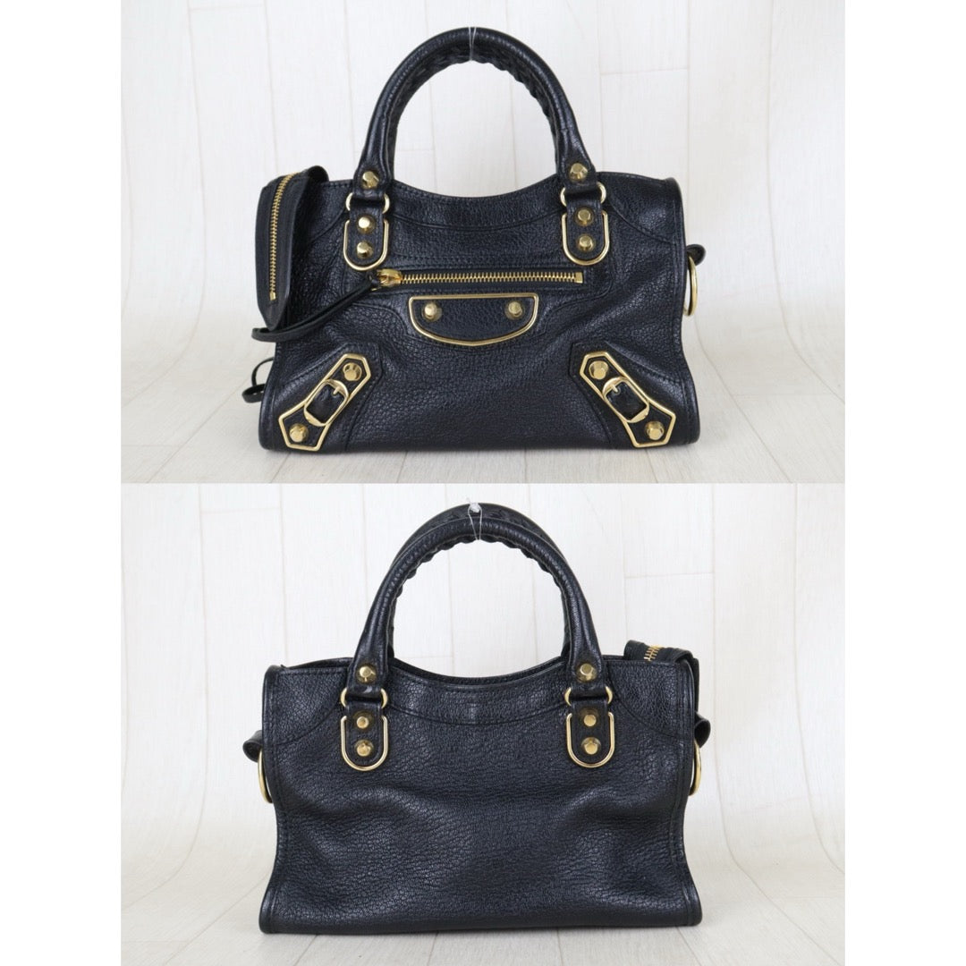 Include Entrupy Certificate of Authenticity｜Very Good ( Rank A)｜Balenciaga Chevre Leather Gaint Classic Metallic Edge City Mini Black HandBag Shoulder Bag ｜Z26091514