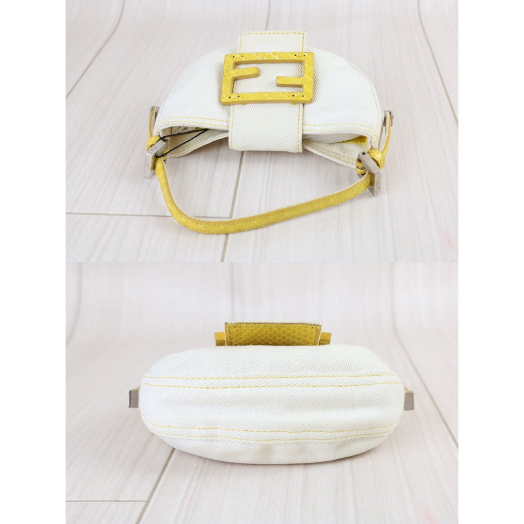 Include Entrupy Certificate of Authenticity｜Good ( Rank AB)｜ FENDI White Denim and Yellow Python Mini Croissant Shoulder Bag ｜X26090802