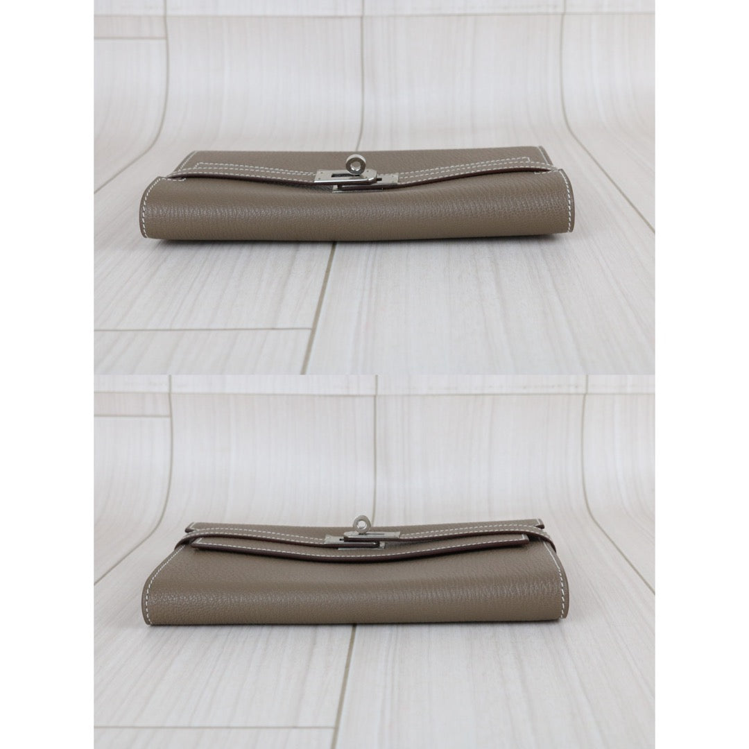 Include Entrupy Certificate of Authenticity｜Excellent（Rank SA)｜ HERMES Goatskin Kelly Long Wallet Etoupe □Q Stamp Made In 2013Year｜Z26100803