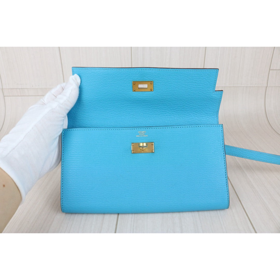 Include Entrupy Certificate of Authenticity｜Very Good ( Rank A)｜ HERMES Goatskin Kelly Long Wallet Blue Paon □R Stamp Made In 2014Year｜X26042002