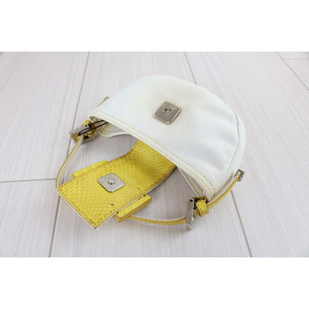 Include Entrupy Certificate of Authenticity｜Good ( Rank AB)｜ FENDI White Denim and Yellow Python Mini Croissant Shoulder Bag ｜X26090802