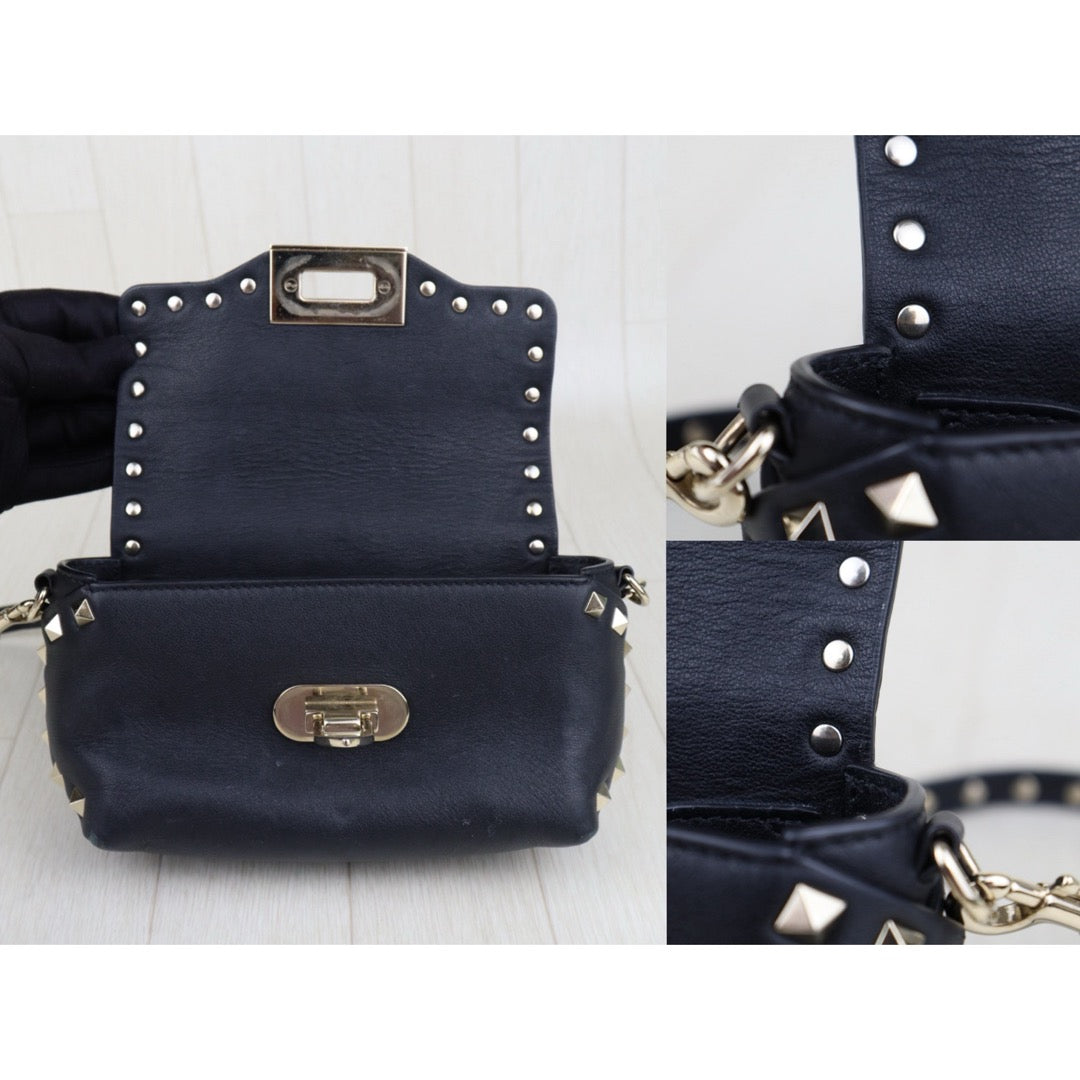 Good ( Rank AB)｜VALENTINO Rockstud Calf Leather Shoulder Bag Black ｜H25063012