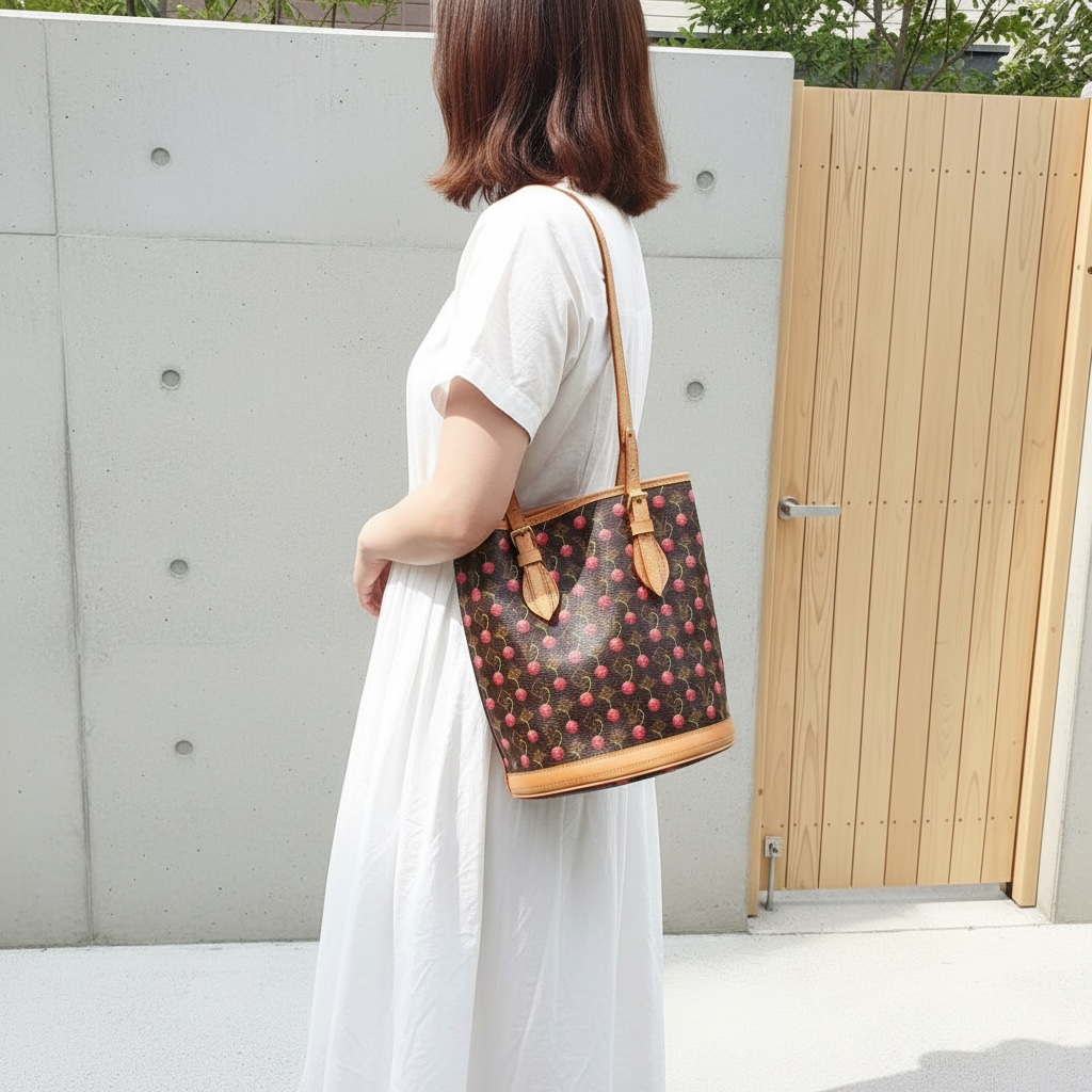 Include Entrupy Certificate of Authenticity｜Good ( Rank AB)｜ Louis Vuitton Takashi Murakam Cherry Monogram Petit Bucket PM Tote Bag With Pouch｜S26030910