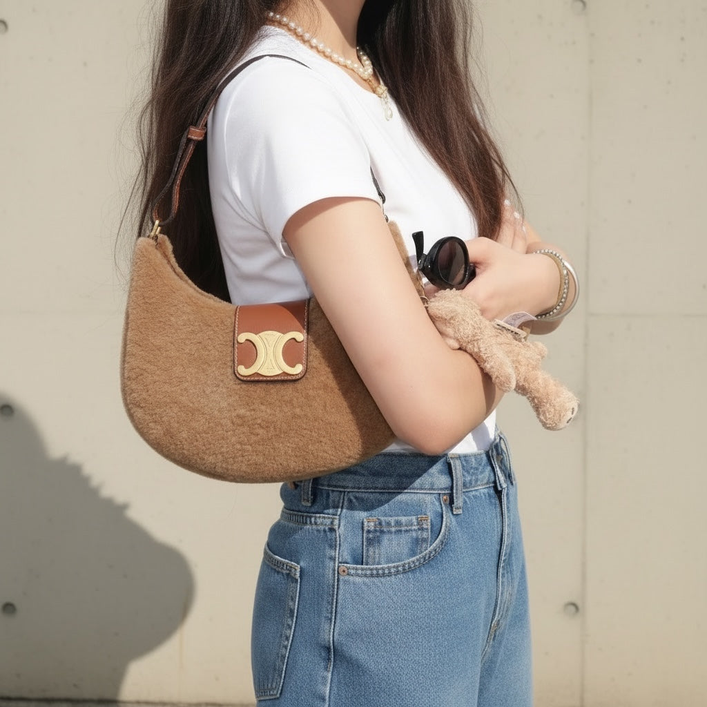 Include Entrupy Certificate of Authenticity｜Very Good ( Rank A)｜ CELINE AVA  Triomphe Wool Shoulder Bag ｜S26040104