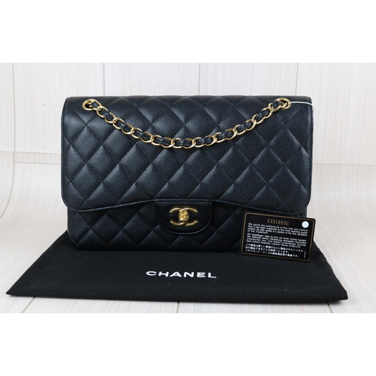 Include Entrupy Certificate of Authenticity｜Very Good ( Rank A)｜ CHANEL Caviar Skin Calf Leather Chain Double Flap Jumbo Shoulder Bag  Black Made In 2017Year｜S26091502