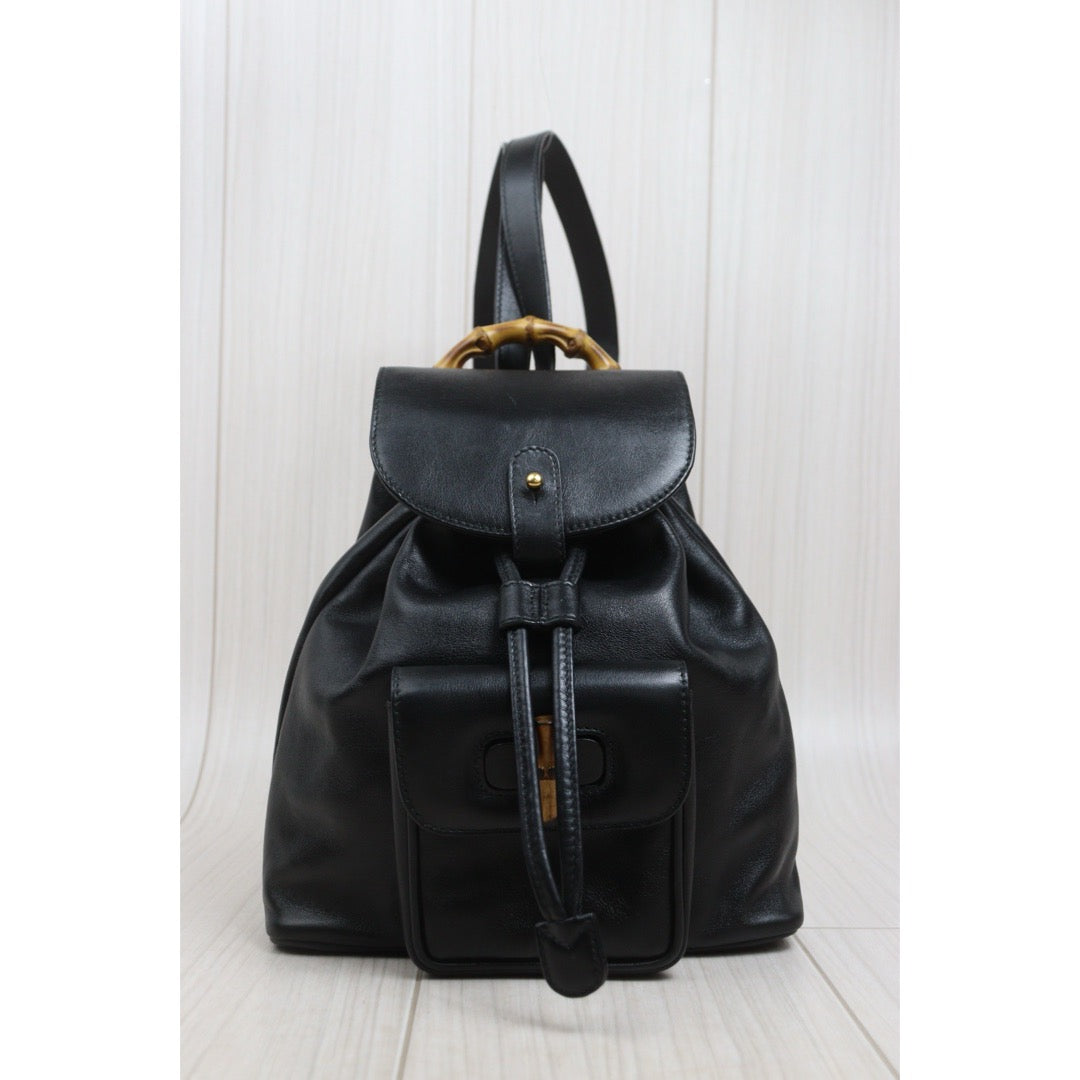 Include Entrupy Certificate of Authenticity｜Good ( Rank AB)｜  GUCCI Bamboo Calf Leather Black Backpack｜26092204