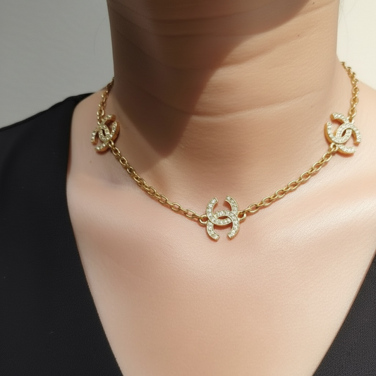 Include Authentic Detective Certificate of Authenticity｜Very Good ( Rank A) ｜ CHANEL Coco Mark  Rhinestone Necklace｜Y26040607