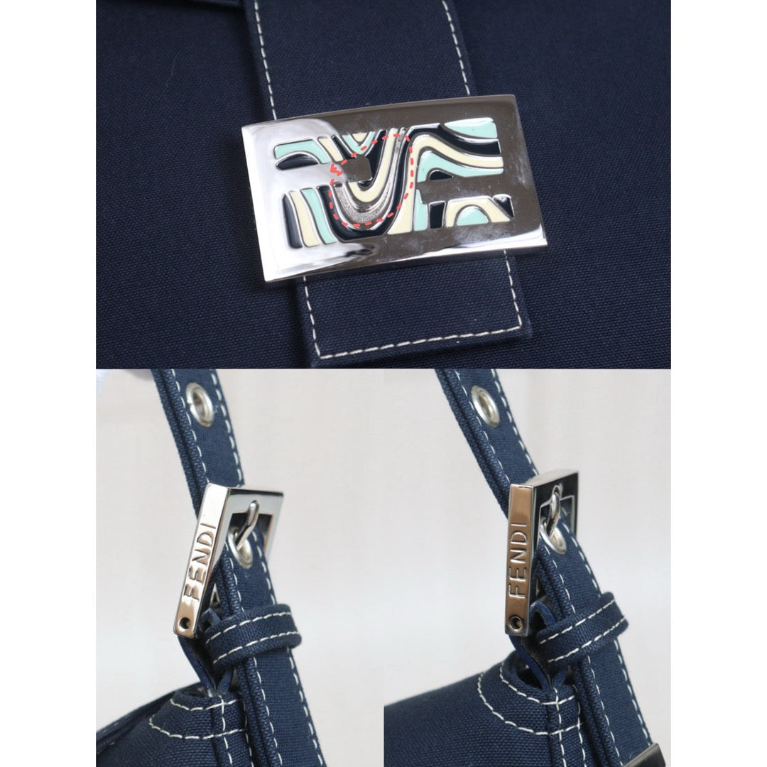 Include Entrupy Certificate of Authenticity｜Good ( Rank AB)｜ FENDI Mamma Baguette Canvas Enamel FF Buckle Shoulder Bag Navy Blue ｜26092403