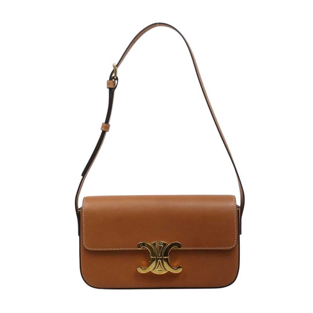 Very Good ( Rank A)｜CELINE Calf Leather Triomphe Brown Shoulder Bag Golden Hardware｜26011309