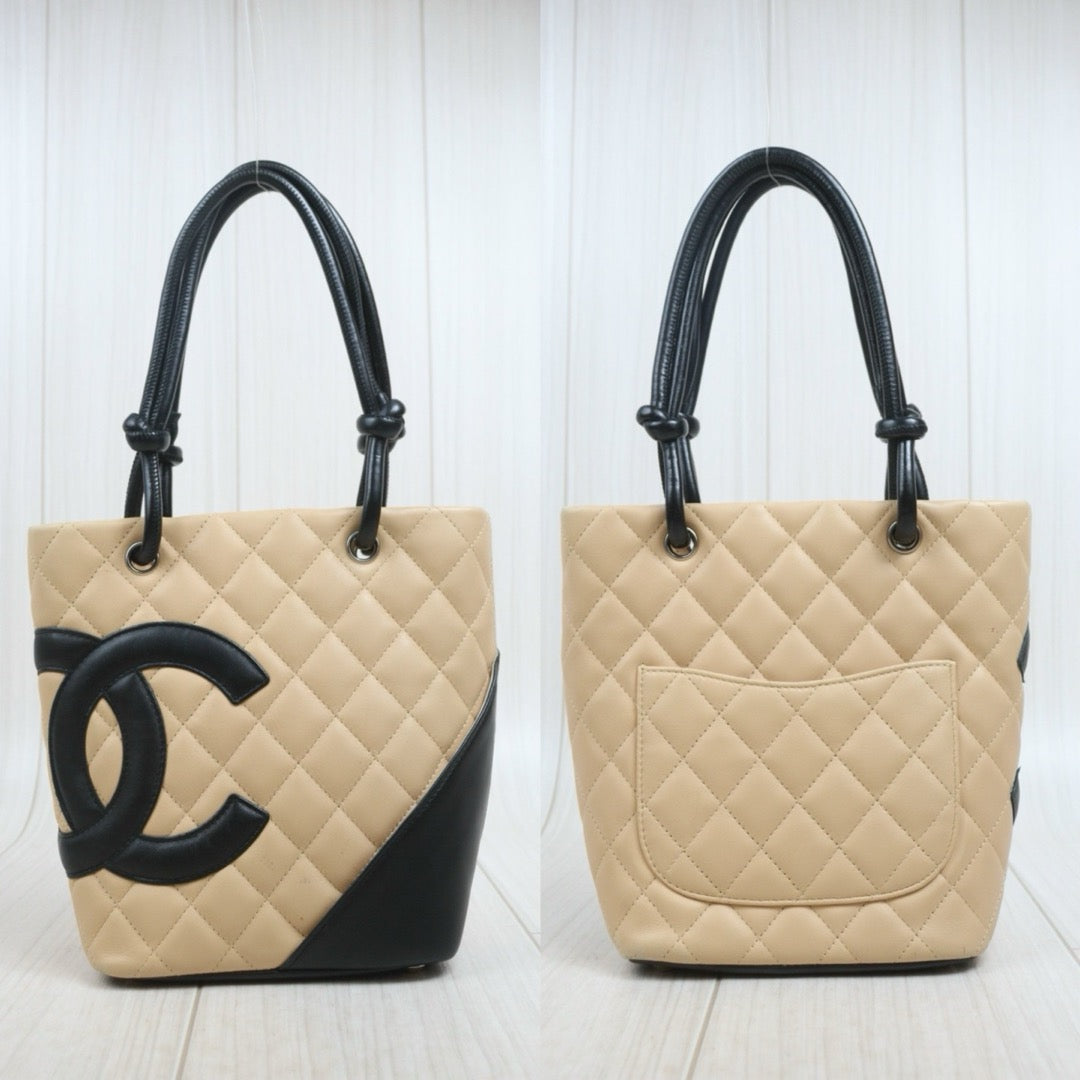 Include Entrupy Certificate of Authenticity｜Good ( Rank AB) ｜ CHANEL Cambon Line Mini ToteBag Beige Black Made In 2003-2004 Year｜26082805