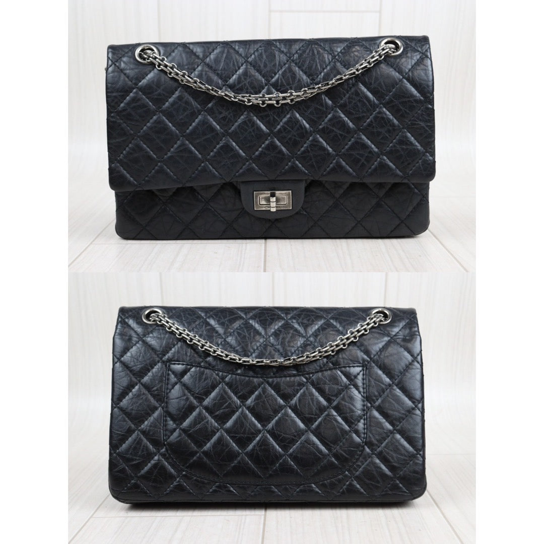 Rank A ｜CHANEL 2.55 Matlasse Aged Calfskin Double Flap Chain Shoulder Bag Black｜23120511