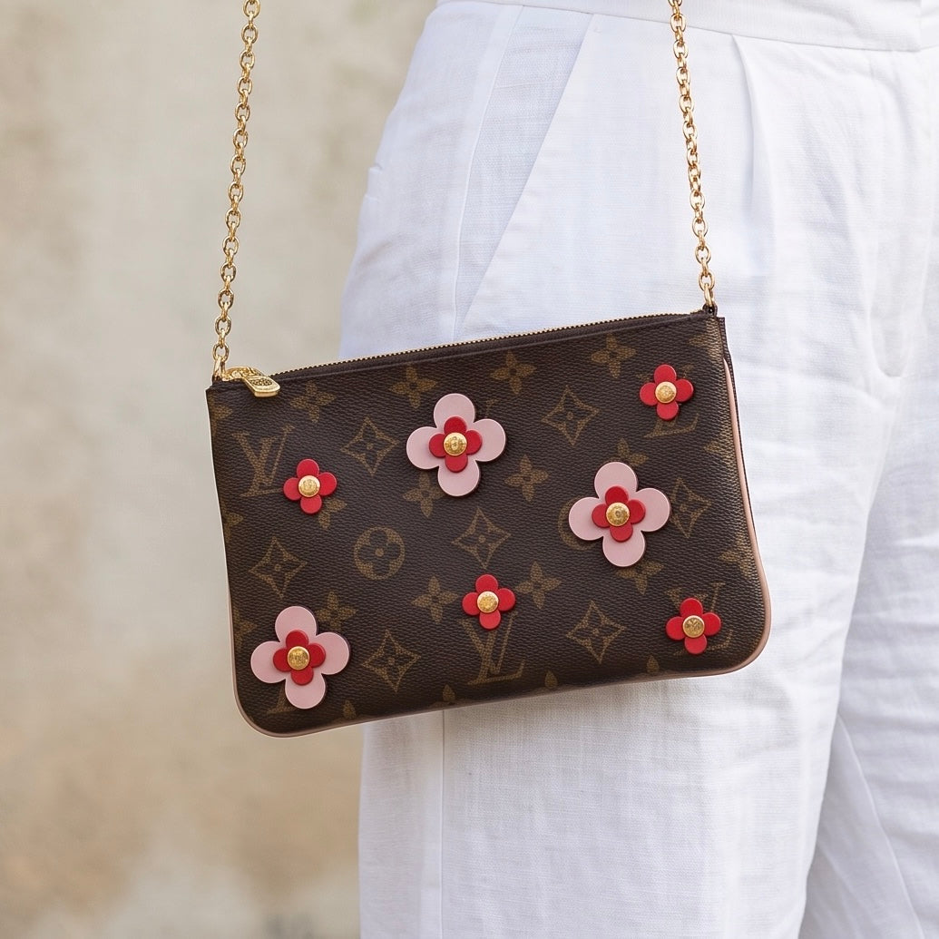 Include Entrupy Certificate of Authenticity｜Very Good ( Rank A)｜ Louis Vuitton Double Zip Pochette Limited Edition Blooming Flowers Monogram｜S26090714