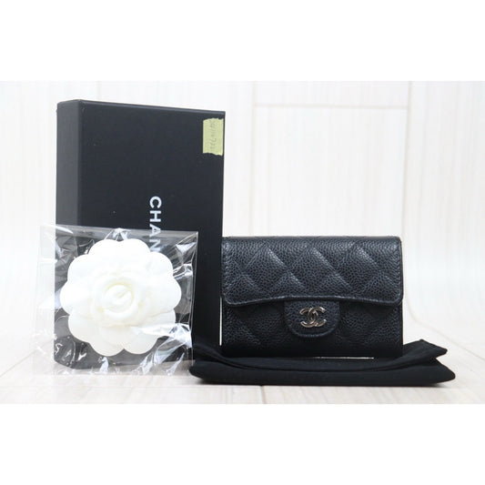Good ( Rank AB)|CHANEL Caviar Skin Leather Calf Leather Card Holder Black Made In 2018 Year|24110722