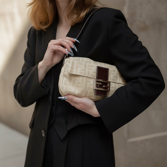 Include Entrupy Certificate of Authenticity｜Good ( Rank AB)｜ FENDI Zucca Mamma Baguette Shoulder Bag Beige｜S26060617