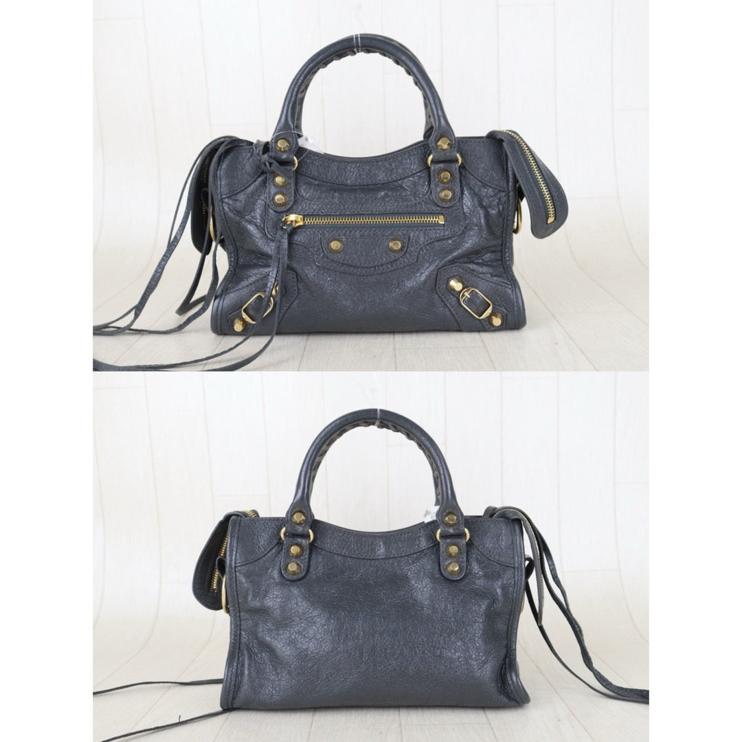Include Entrupy Certificate of Authenticity｜Very Good ( Rank A)｜Balenciaga Waxed Leather Gaint Classic City Mini Grey HandBag Shoulder Bag ｜Z26100206