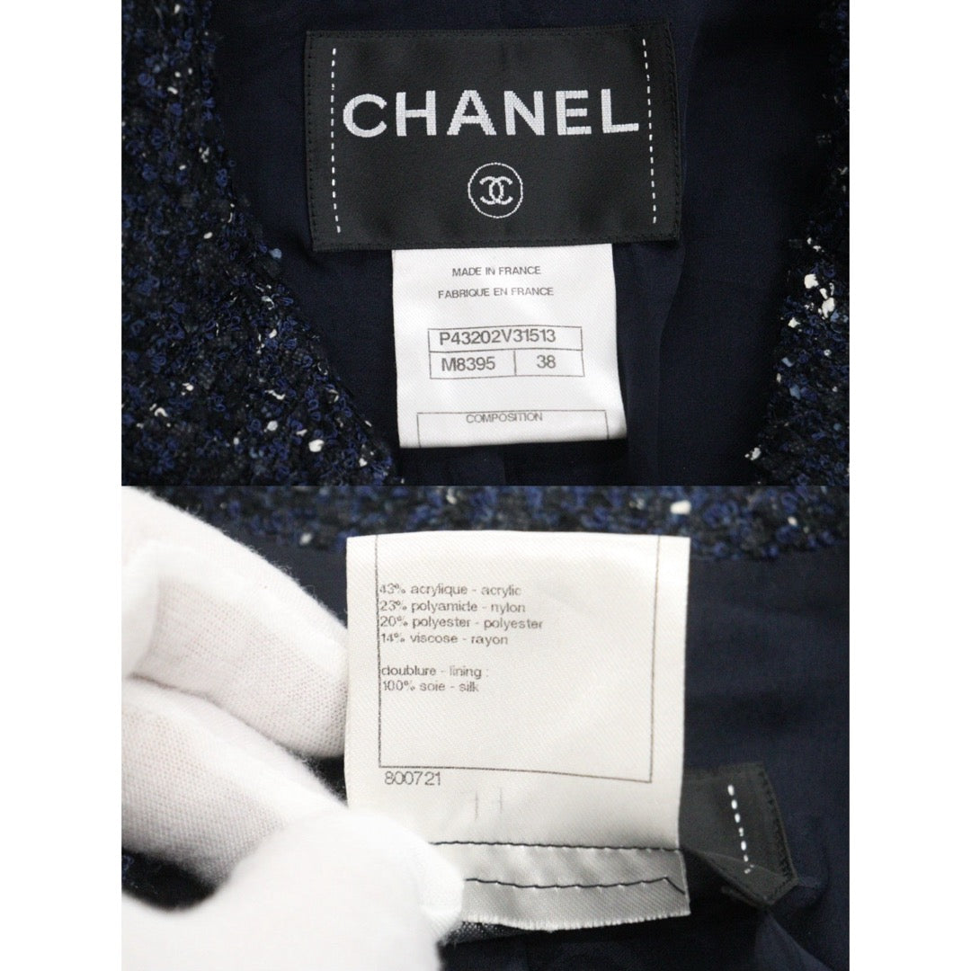 Very Good ( Rank A) ｜ CHANEL 12P Acrylic Embroidery Dark Blue Coat 38 Size｜W25102110